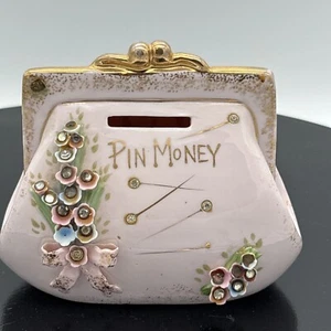 VTG PIN MONEY Purse Shaped Coin Piggy Bank Pink w/Gold Trim 583 Cs1 Read Descr - Picture 1 of 14
