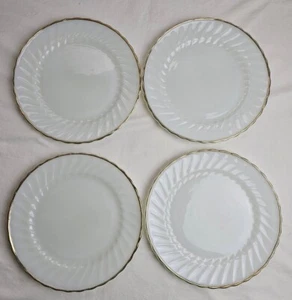 Set of 4 Anchor Hocking VTG Fluted Swirl Milk Glass Gold Trim 10" Dinner Plates - Picture 1 of 15