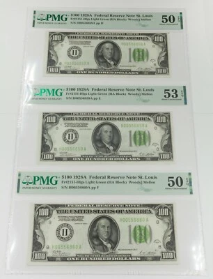 Lot of 3 1928A Federal Reserve Notes Consecutive PMG 50, 53, 50 EPQ - Image 1 of 4