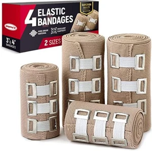Premium Elastic Bandage Wrap 4pack (2x3", 2x4") + 12 Extra Clips - Picture 1 of 6