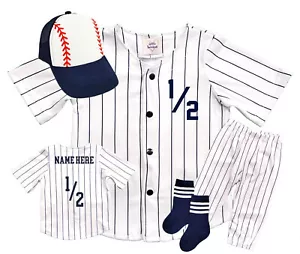 Half Way to First® Personalized Jersey Navy Blue Pinstripe Pants 1/2 Birthday - Picture 1 of 5