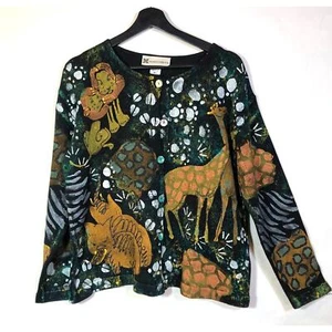 Hand painted Cardigan Sweater by Marguerita Jungle Animals M/L Cotton 80s 90s - Picture 1 of 10