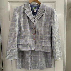 Pendleton Vintage 12 Petite Blazer Skirt Suit Set Wool Blend Blue White Yellow - Picture 1 of 19