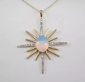 2Ct Oval Cut Simulated Fire Opal Starburst Lovely Pendant 14k Yellow Gold Plated - Picture 1 of 10