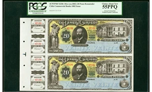 Chile 1882, 20 Pesos, S220r, Uncut sheet of 2 PCGS 55PPQ - Picture 1 of 2