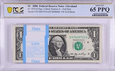 $1 2006 Cleveland Full Pack BEP 100 Notes PCGS Gem UNC 65 PPQ, FW D-D, Full Pack - Image 1 of 2