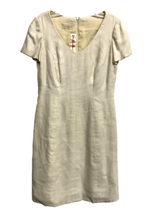 Vintage Pauline Trigere Dress Midi Length Linen Knit Cream 15.5" Waist - Picture 1 of 6