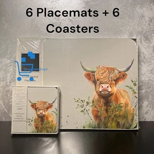 Set of 6 Grey  Floral Highland Cow Placemats & 6 Coasters Dinner Table Mats - Picture 1 of 4
