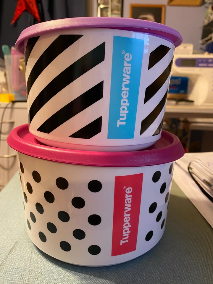 NEW TUPPERWARE Urban moves 2 pc canister set black & white with purple seals FrS - Image 1 of 1