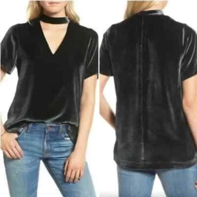 NWT Madewell Silk Blend Dark Metal Gray Velvet Choker Top Short Sleeve V Neck S - Image 1 of 4