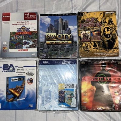 Big box pc cd rom games X6 sims age of empires transport tycoon them park 90s - Image 1 of 4