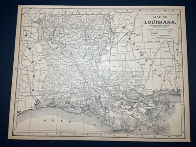 RARE 1894 B&W LOUISIANA State Map Mounted on Acid-Free Card Stock SEE DESCRIP - Image 1 of 2