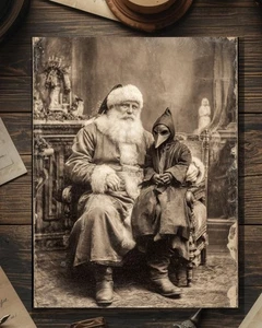 Vintage Victorian Santa with Plague Doctor Child Christmas Card Gothic Holiday - Picture 1 of 4