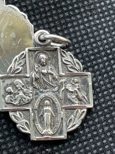 Vintage Sterling Silver 4-WAY CROSS MEDAL Catholic Four Way Saint Pendant 2-side - Picture 1 of 20