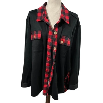 Muk Luks Black French Terry Shacket with Red Black Buffalo Check Details Size 2X - Image 1 of 4