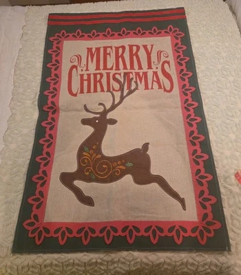 Christmas House Flag 28X43 Dbl. Sided Burlap/Canvas Reindeer Heavy Duty Outdoor - Image 1 of 4