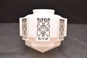 Art Deco Skyscraper Milk Glass Lamp Ceiling Shade Black Stencil - Picture 1 of 10