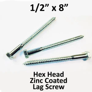 (50) 1/2" x 8" Lag Screws Hex Head WHITE ZINC Heavy Duty Wood Lag Bolts - Picture 1 of 3