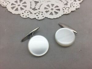 Faux Pearl Acrylic Cufflinks Vintage Flat Top 3/4" Silver Tone Round