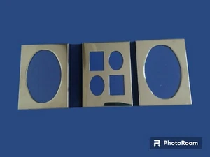 Trifold Silver Tone Picture Frame Blue Plush Wedding Office Family Photo Desk - Picture 1 of 9