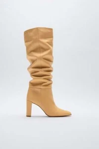 Zara Leather Beige Kitten Heel Knee High Boots - 7.5 / EU38 NEW High Heel Shoes - Picture 1 of 1