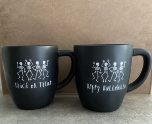 Rae Dunn 2018 Dancing Skeletons Happy Halloween Trick Or Treat Black Mug Set Nwt - Picture 1 of 5