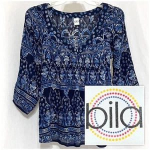 Sz L Large BILA Women’s 3/4 Sleeve V Neck Blue Floral Rayon Blouse Top Shirt - Picture 1 of 8