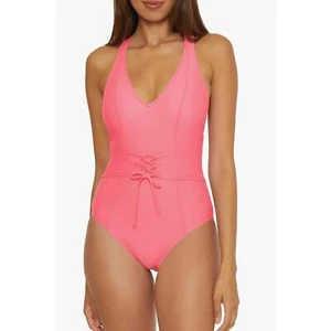 BCA by Rebecca Virtue women’s Lace-up One Piece Swimsuit Plunge V-Neck large NWT - Picture 1 of 10