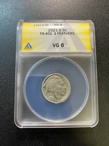 1921 S BUFFALO NICKEL ANACS VG-8 - 2 FEATHERS - FS-401 - CERTIFIED SLAB - 5C - Picture 1 of 2