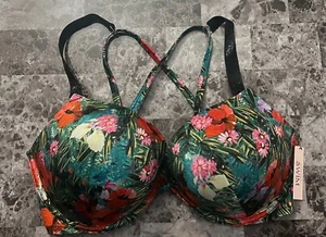 NWT VICTORIA'S SECRET 38DD FLORAL BLACK SHINE STRAP BOMBSHELL PUSH UP BIKINI TOP - Picture 1 of 6