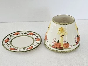 Ceramic Autumn Candle Jar Topper Shade and Plate Set Harvest Pumpkins Cornstalks - Picture 1 of 7