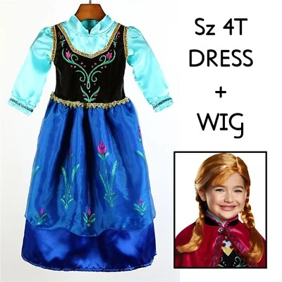 Disney Frozen Anna Vestido Largo 4T + Peluca Infantil ~ Terciopelo Satinado Organdía Brillo Foto 1 de 4