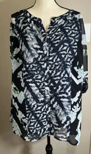 Calvin Klein Womens Shirt Size 2X Navy Floral Printed Button Front Roll Tab - Picture 1 of 10