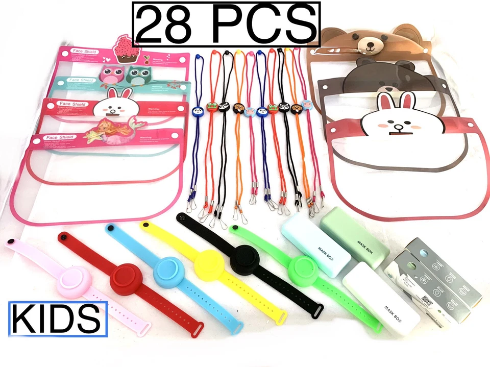 28PC SET KIDS FACE SHIELD MASK CASE CORDS SANITIZER GEL WRIST WATCH USA SELLER - Image 1 of 4