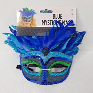 BLUE MYSTIQUE MASK Feather Masquerade Mardi Gras Halloween Costume Accessory NEW - Picture 1 of 3