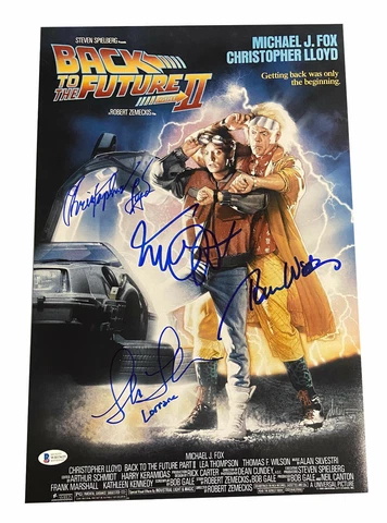 MICHAEL J FOX + 3 CAST SIGNED AUTO 12X18 PHOTO BACK TO THE FUTURE PART II BAS Cover