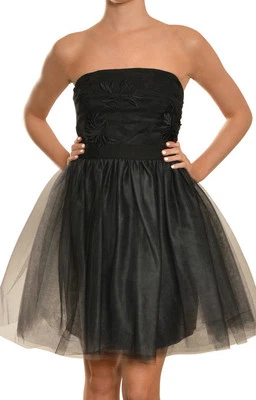 PHOEBE COUTURE ~ Vestido Formal Falda Tul Reunida Sin Tirantes de Seda Negra 6 $370 Foto 1 de 4