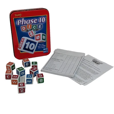 Phase 10 Dice Game Red Tin 2004 Fundex #2721 Instructions Score Pad Complete - Image 1 of 4