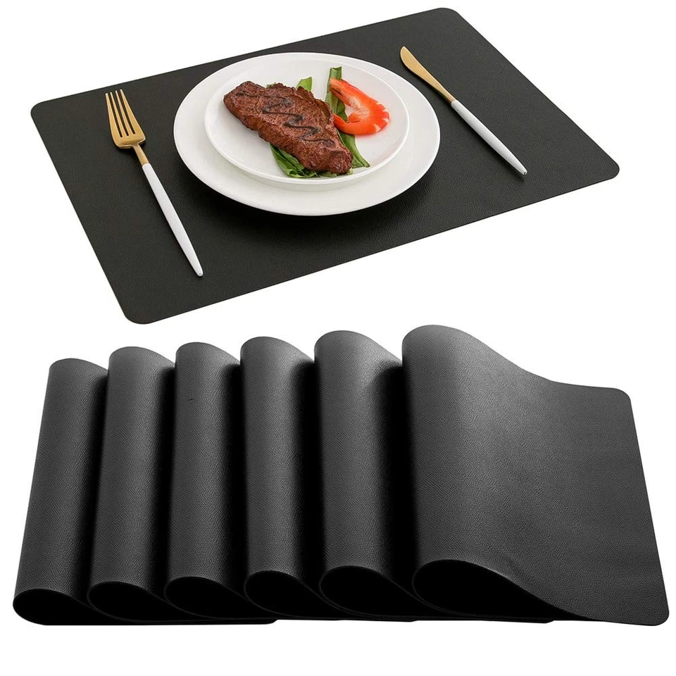 Placemats Set of 6 – Black Wipeable Faux Leather Table Placemats, Waterproof ... - Image 1 of 4