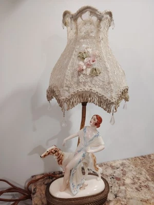 Antique Hertwig Katzhutte Art Deco Lady Figurine W/Borzoi Dog Porcelain Lamp  - Image 1 of 4