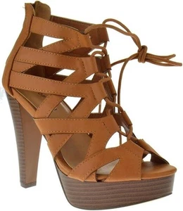 Zapatos de salón TOP Moda Table 8 Peep Toe tacón alto con cordones y tiras, color tostado, talla 6 - Imagen 1 de 1