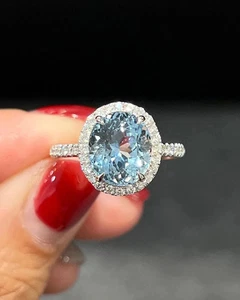Alianza de diamantes aguamarina natural corte ovalado de 4,50 quilates de oro blanco de 18 quilates talla 7 - Imagen 1 de 9