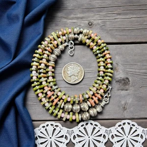 Sterling NAVAJO Pearl Unakite Heishi Angelite Beads Necklace VTG Silver 18" - Picture 1 of 10
