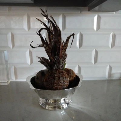 НОВЫЕ ПЕРЬЕВЫЕ ШАРИКИ И ПЕРЬЯ ЦЕНТРАЛЬНЫЙ ЭЛЕМЕНТ ДЕКОРА В ПОСЕРЕБРЕННОЙ ЧАШЕ REED & BARTON - Изображение 1 из 4