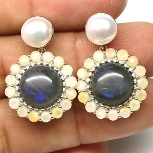 925 Silver 11 mm. Blue Rainbow Gray Labradorite, Pearl & Opal Earrings - Picture 1 of 4