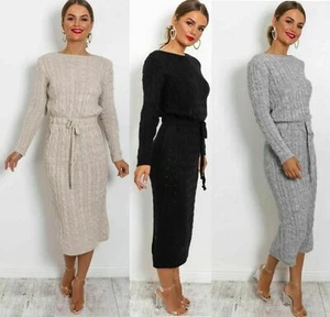 Mujer Atado Tejido Midi Jumper Vestido Damas Noche Fiesta Mangas Largas Vestido - Imagen 1 de 18