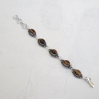 Regalo Navidad Joyería Ojo de Tigre Piedra Plata Placa Pulsera Talla 8" y Ajustable Foto 1 de 4