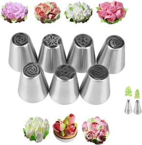 Russian Piping Tips Set with 7 Flower Icing Tips & 2 Leaf Pastry Tips Nozzles fo - Picture 1 of 12