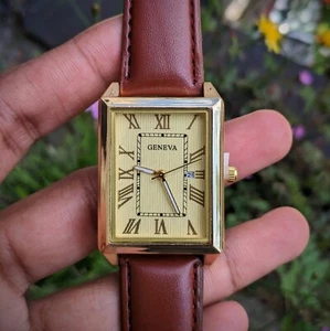 GENEVA Tank Square Leather Stainless Steel Back Analogue Thin Quartz Wrist Watch - Picture 1 of 3