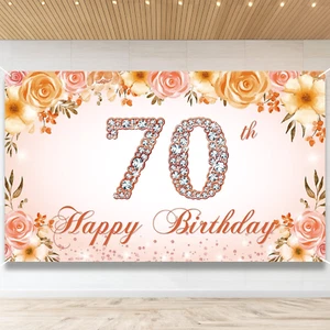 70Th Birthday Decoration for Women, Happy 70Th Birthday Backdrop Banner Rose Gol - Picture 1 of 12